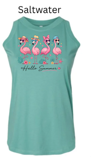 saltwater "Hello Summer" design with four flamingos wearing colorful hats and sunglasses, tropical leaves, starfish, and hearts. Script text "Hello Summer" below.