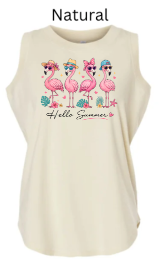 natural "Hello Summer" design with four flamingos wearing colorful hats and sunglasses, tropical leaves, starfish, and hearts. Script text "Hello Summer" below.