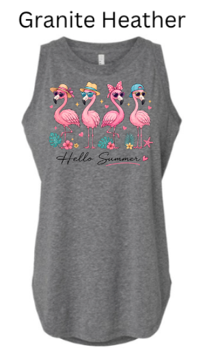 Granite Heather "Hello Summer" design with four flamingos wearing colorful hats and sunglasses, tropical leaves, starfish, and hearts. Script text "Hello Summer" below.