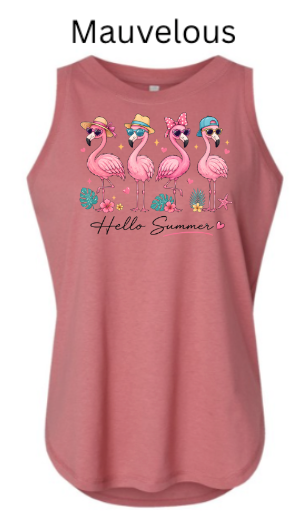 Mauvelous "Hello Summer" design with four flamingos wearing colorful hats and sunglasses, tropical leaves, starfish, and hearts. Script text "Hello Summer" below.
