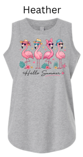 Heather "Hello Summer" design with four flamingos wearing colorful hats and sunglasses, tropical leaves, starfish, and hearts. Script text "Hello Summer" below.