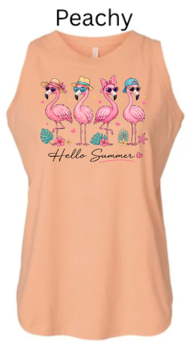 peachy "Hello Summer" design with four flamingos wearing colorful hats and sunglasses, tropical leaves, starfish, and hearts. Script text "Hello Summer" below.