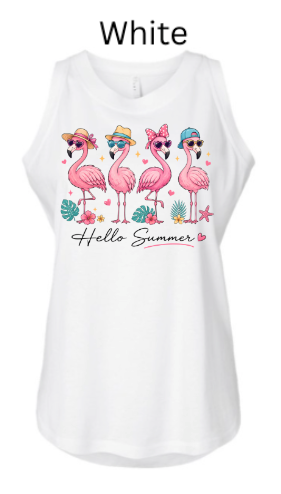 White "Hello Summer" design with four flamingos wearing colorful hats and sunglasses, tropical leaves, starfish, and hearts. Script text "Hello Summer" below.