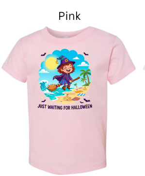 Just Waiting For Halloween toddler t-shirt in light pink with adorable baby witch flying on broomstick over sunny beach with palm trees and ocean — sweet early Halloween outfit for girls