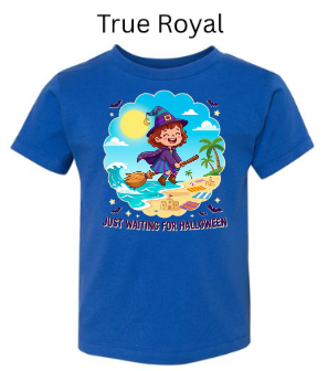 Just Waiting For Halloween witch beach children's t-shirt in true royal blue with cute witch flying over sandcastle and tropical beach scene, small bats flying, Halloween countdown shirt for kids