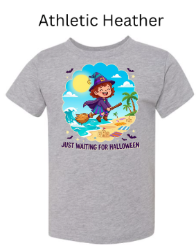 Just Waiting For Halloween witch beach youth t-shirt in athletic heather gray featuring little girl witch on broomstick, ocean waves, palm trees and "Just Waiting For Halloween" text — funny fall shirt for toddlers