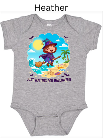 Just Waiting For Halloween infant bodysuit in heather gray with cute witch flying over tropical beach with palm trees, sandcastle and ocean waves — neutral Halloween onesie for baby photo shoots
