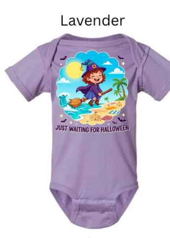 Just Waiting For Halloween infant bodysuit in lavender purple with cute baby witch on broomstick over beach scene with palm trees and sandcastle — sweet Halloween onesie for baby boys and girls