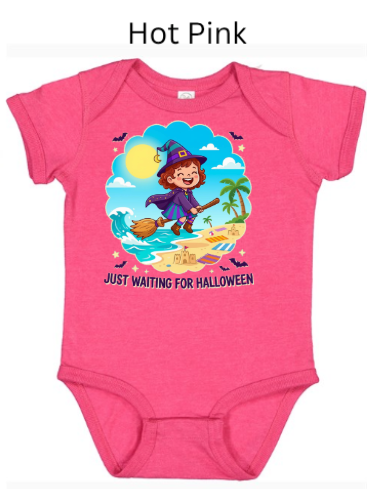 Just Waiting For Halloween baby bodysuit in hot pink with adorable witch flying on broomstick over beach scene and "Just Waiting For Halloween" text — bold Halloween outfit for infant girls