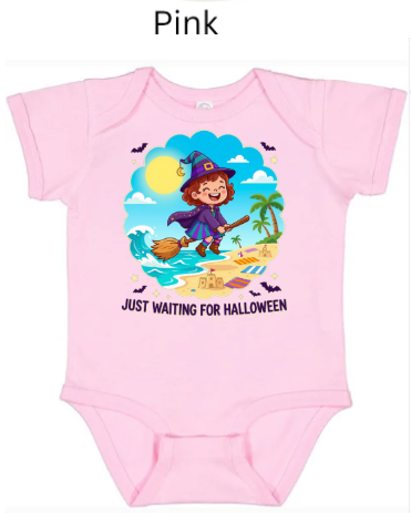 Just Waiting For Halloween baby onesie in soft pink featuring little witch flying on broomstick over sunny beach with "Just Waiting For Halloween" text and small bats — adorable infant Halloween outfit