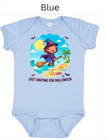 Just Waiting For Halloween baby bodysuit in light blue with cute witch flying on broomstick over tropical beach scene with sandcastle and bats — infant Halloween onesie for first Halloween