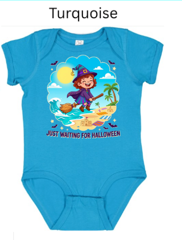 Just Waiting For Halloween infant bodysuit in turquoise blue featuring little girl witch on broomstick flying over beach with palm trees and "Just Waiting For Halloween" text — baby Halloween onesie