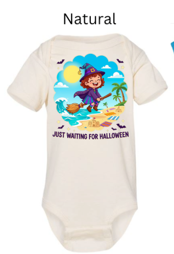 Just Waiting For Halloween baby onesie in natural cream color with adorable witch flying over tropical beach with ocean waves and bats — unisex infant Halloween bodysuit for 1st Halloween
