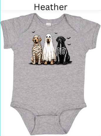 Halloween dog costume baby bodysuit in heather gray with tan mummy dog white ghost dog black skeleton dog and bats — neutral Halloween onesie for photo shoots