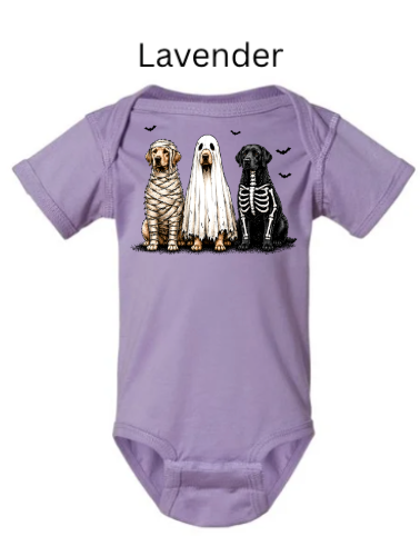 Halloween dogs baby bodysuit in lavender purple featuring adorable Goldendoodles in mummy ghost and skeleton costumes with bats — sweet first Halloween outfit for infants