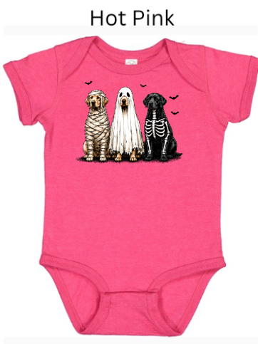 Halloween puppy onesie in hot pink with three dogs in Halloween costumes mummy ghost skeleton and bats above — bold Halloween outfit for infant girls and boys
