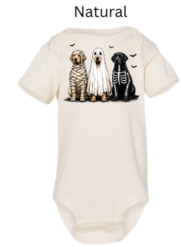 Halloween puppy onesie in natural cream color with three dogs in Halloween costumes mummy ghost skeleton and small bats — unisex infant bodysuit for trick-or-treat
