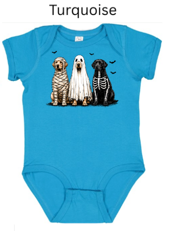 Halloween dogs infant bodysuit in turquoise blue featuring Golden doodle puppies in mummy ghost and skeleton Halloween costumes with bats — fun first Halloween outfit