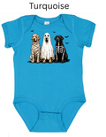 Halloween dogs infant bodysuit in turquoise blue featuring Golden doodle puppies in mummy ghost and skeleton Halloween costumes with bats — fun first Halloween outfit