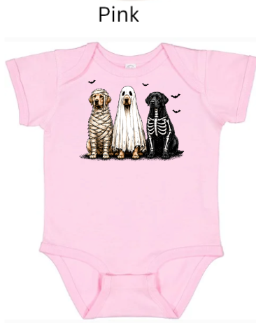 Halloween puppy onesie in soft pink with three cute dogs dressed as mummy ghost and skeleton with bats above — adorable infant Halloween bodysuit for baby girls