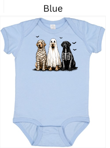 Halloween dogs baby bodysuit in light blue with cute puppies dressed as mummy ghost and skeleton with bats flying above — infant Halloween onesie for first Halloween