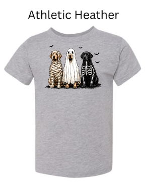 Halloween costume dogs youth t-shirt in athletic heather gray featuring three Golden doodles in mummy ghost and skeleton outfits with bats — neutral Halloween kids tee
