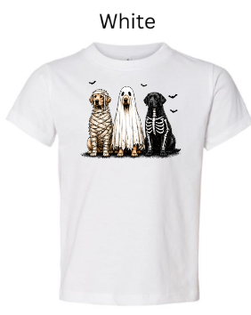 Halloween dogs mummy ghost skeleton toddler t-shirt in white with three Goldendoodle puppies in costumes and small bats — cute puppy Halloween shirt for kids