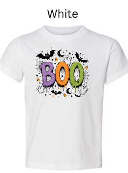Boo Halloween kids t-shirt in white with vibrant dripping BOO letters black bats spiderwebs moon and candy corn — classic Halloween shirt for toddlers children