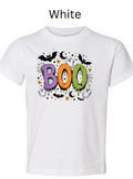 Boo Halloween kids t-shirt in white with vibrant dripping BOO letters black bats spiderwebs moon and candy corn — classic Halloween shirt for toddlers children