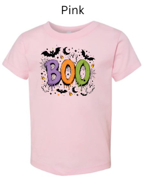 Boo Halloween youth t-shirt in light pink with colorful dripping BOO text surrounded by bats crescent moons stars and candy corn — sweet Halloween shirt for girls