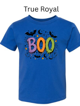 Boo Halloween toddler t-shirt in true royal blue with vibrant BOO text dripping letters bats spiderwebs moon and candy corn — kids Halloween shirt for boys and girls