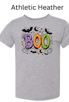 Boo Halloween toddler tee in athletic heather gray featuring colorful BOO text dripping paint bats moons stars and candy corn — neutral Halloween shirt for boys girls