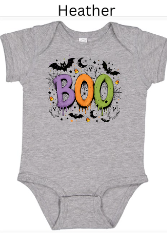 Boo Halloween baby bodysuit in heather gray with colorful dripping BOO letters black bats moons stars and candy corn — neutral Halloween onesie for photo shoots