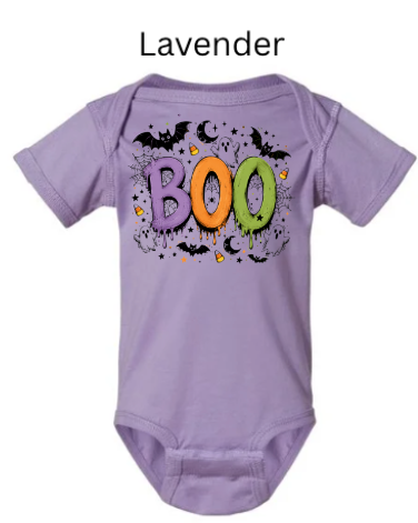 Boo Halloween baby bodysuit in lavender purple with colorful dripping letters bats moons candy corn and spiderwebs — cute first Halloween infant onesie