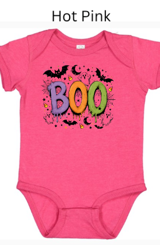 Boo Halloween infant bodysuit in hot pink featuring vibrant purple orange and green dripping BOO text with bats and candy corn — bold Halloween outfit for baby girls