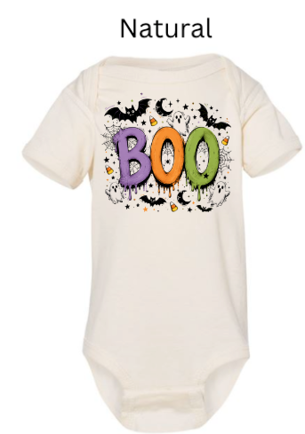 Boo Halloween baby onesie in natural cream with spooky dripping BOO letters black bats crescent moons stars and candy corn — unisex Halloween bodysuit for infants