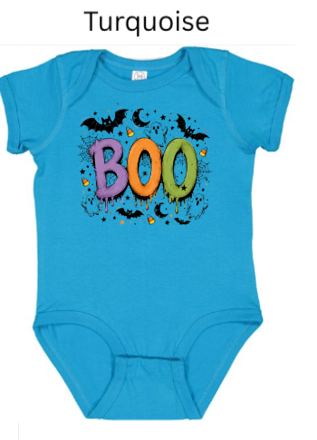 Boo Halloween infant bodysuit in turquoise blue with colorful dripping BOO text surrounded by bats spiderwebs moon and candy corn — fun first Halloween outfit for toddlers