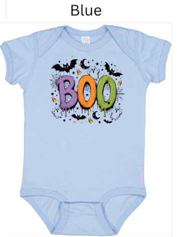Boo Halloween baby bodysuit in light blue featuring colorful BOO letters with dripping paint effect bats moons candy corn and stars — cute Halloween onesie for boys and girls