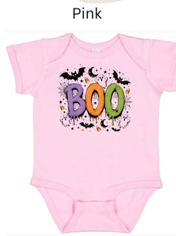 Boo Halloween infant onesie in soft pink with vibrant purple orange green BOO text bats spiderwebs and candy corn — adorable first Halloween outfit for baby