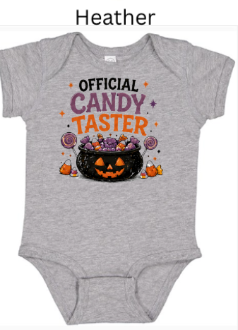 Official Candy Taster infant bodysuit in heather gray with jack-o-lantern cauldron full of purple candies lollipops and candy corn — unisex Halloween onesie for photo shoots
