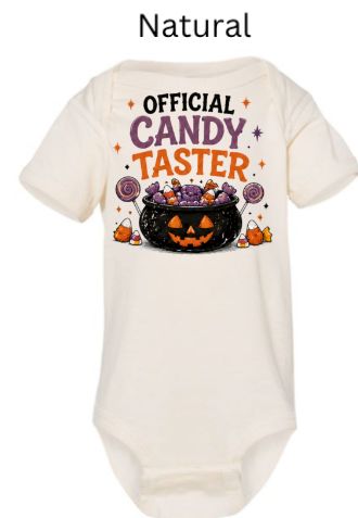 Official Candy Taster baby bodysuit in natural cream with jack-o-lantern candy cauldron purple candies lollipops and candy corn — neutral Halloween onesie for photo shoots