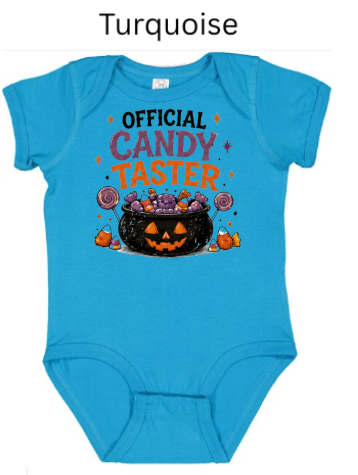 Official Candy Taster Halloween baby bodysuit in turquoise blue with jack-o-lantern cauldron full of purple candy and lollipops — cute first Halloween infant onesie for candy lovers