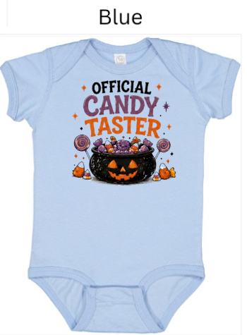 Official Candy Taster baby bodysuit in light blue with jack-o-lantern cauldron overflowing with purple Halloween candy and lollipops — cute first Halloween onesie for infants