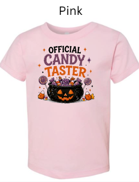 Official Candy Taster toddler t-shirt in soft pink with colorful pumpkin candy cauldron lollipops and candy corn decorations — sweet Halloween shirt for girls trick-or-treat