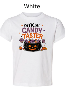 Official Candy Taster Halloween youth t-shirt in white with bright pumpkin cauldron candy design and lollipops — classic Halloween shirt for toddlers trick-or-treating