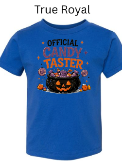 Official Candy Taster kids t-shirt in true royal blue featuring festive pumpkin candy cauldron with lollipops and candy corn — bold Halloween shirt for boys and girls