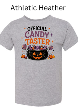 Official Candy Taster toddler t-shirt in athletic heather gray featuring pumpkin cauldron overflow with Halloween candy and lollipops — funny Halloween shirt for kids trick-or-treat
