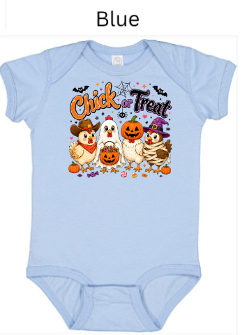 "Light blue baby onesie with Chick-a-Treat Halloween design featuring adorable chickens in cowboy ghost pumpkin mummy costumes perfect for infant Halloween wear"
