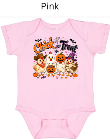 "Pink baby bodysuit with Chick-a-Treat Halloween chicken graphic adorable costumed animals pumpkins candy corn bats for newborns toddlers infant girls"