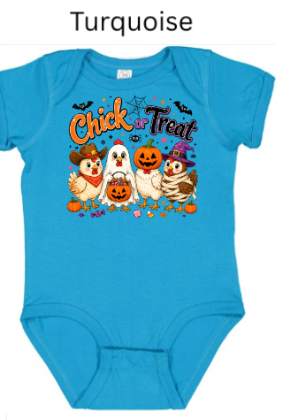 "Turquoise blue infant onesie featuring Chick-a-Treat Halloween artwork cute chickens in costumes jack-o'-lanterns candy corn bats seasonal baby apparel"